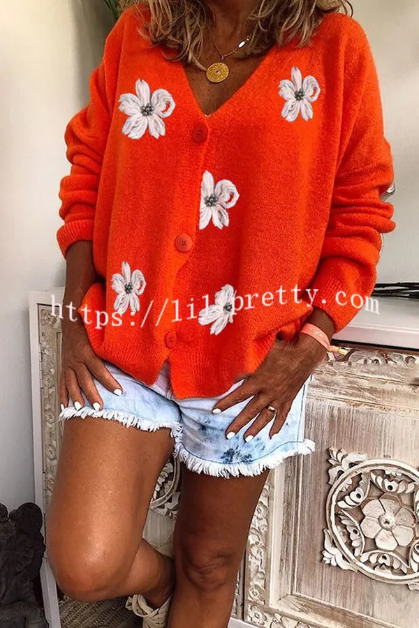 Floral Knit Single Breasted Long Sleeved Cardigan Coats